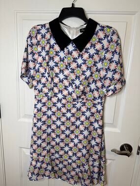 Meng Fei Lu Peter Pan Collar Retro 60s Mod White Blue Yellow Geometric Dress S/M